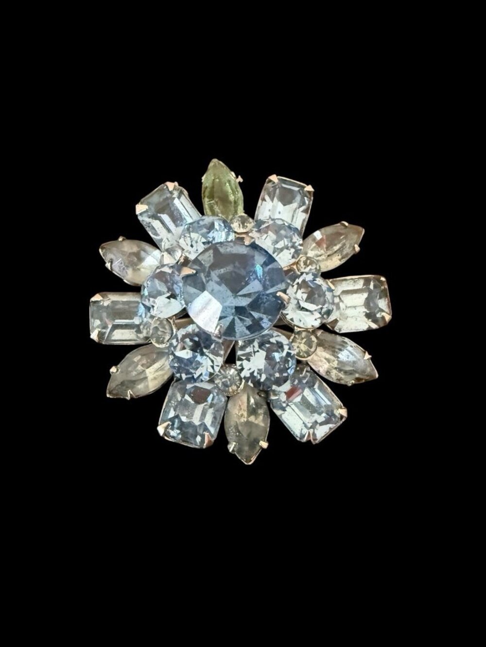 Vintage Coro Aquamarine Blue Starburst Floral Flower Rhinestone Brooch